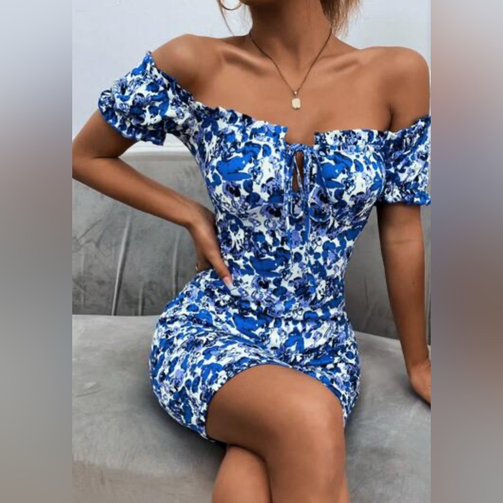 Blue Stretchy Soft Off Shoulder Floral Mini Dress